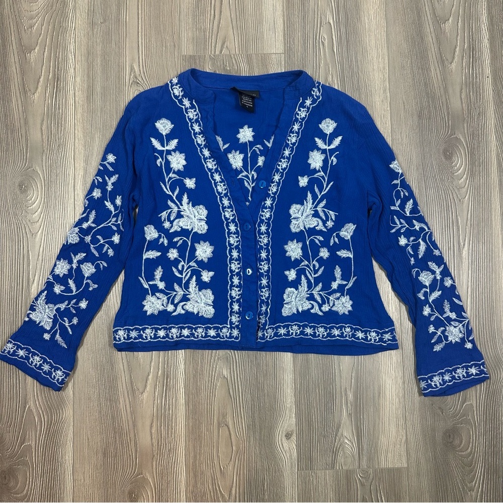 Liv Los Angeles Blue Embroidered Long Sleeve Boho Top Size M Festival Spring‎